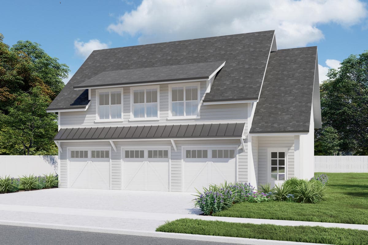 House plan exterior featuring a two-story Modern Farmhouse design with a three-car garage, large gables, and a metal awning over garage doors.