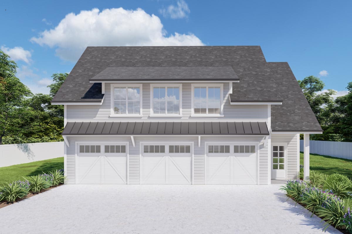 House plan exterior: Modern Farmhouse style, 2 stories, with a three-car garage, dormer, and front door.