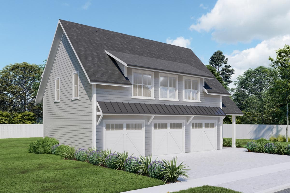 House plan exterior showing a two-story structure with a three-car garage, prominent gables, and large upper-level windows.