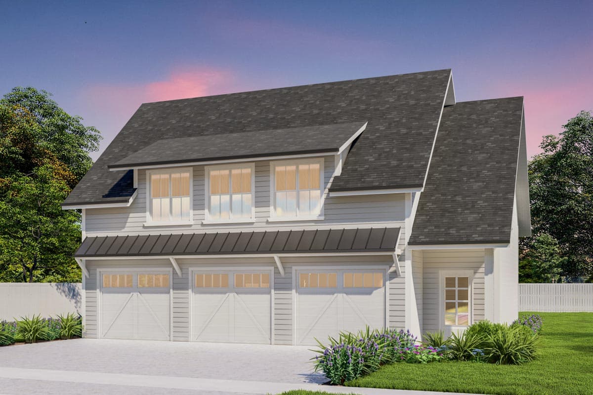 House plan exterior with two stories, a gabled roof, and three-car garage. Features include dormers and a metal roof over the garage.