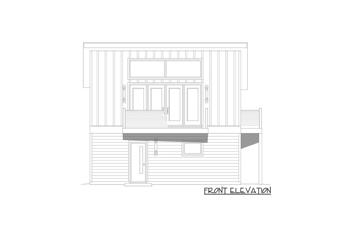 Front elevation drawing of a modern house plan with a covered balcony, double front doors, and horizontal siding.