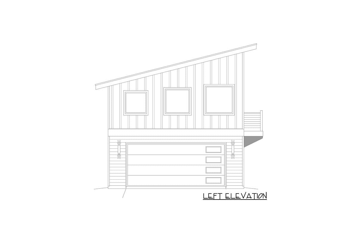 Left elevation house plan showing a garage with a modern sloped roof, three upper windows, and a side deck.