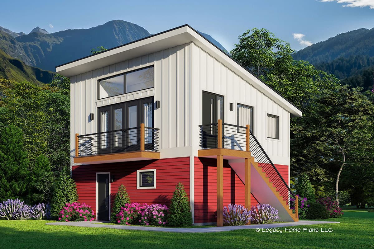 House plan exterior. Two-story Modern house with a shed roof, second-story balcony with railings, and exposed stairwell leading to the upper level.