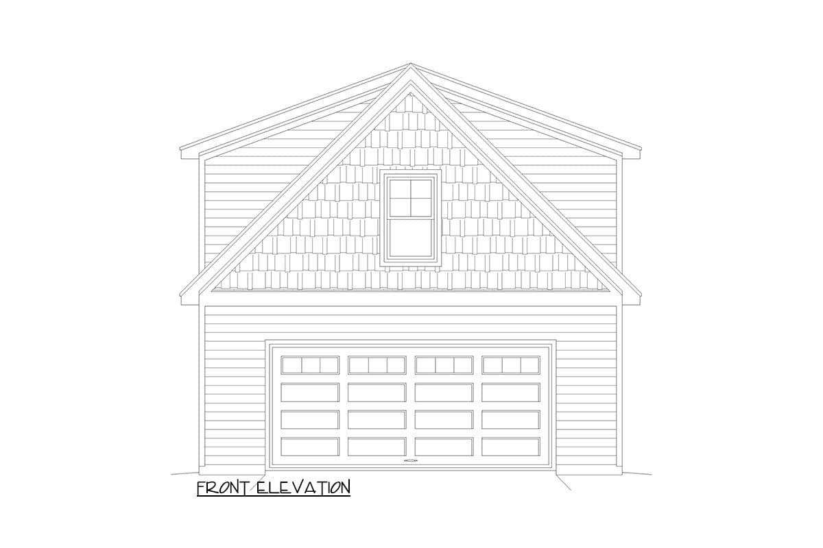 Front elevation drawing of a garage with a gable roof, shingle-clad gable, and multi-panel garage door.