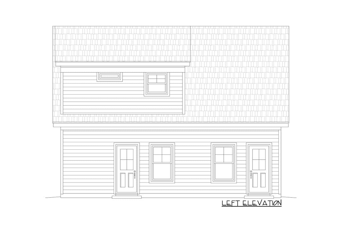 Left elevation drawing of a two-story house plan with two front doors, three windows, and horizontal siding.