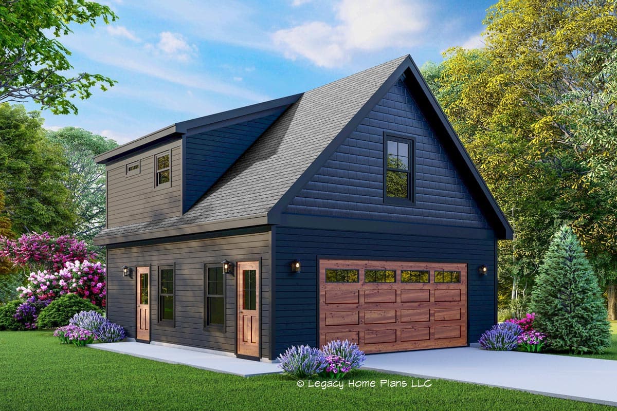 House plan exterior with two stories, gabled roof, and a wood garage door. Features include two doors and a dormer window.