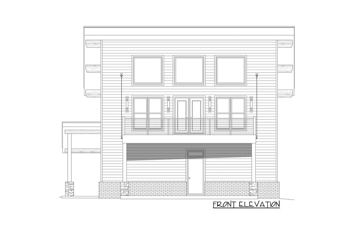 Front elevation drawing of a two-story house plan with a balcony, multiple windows, and horizontal siding.