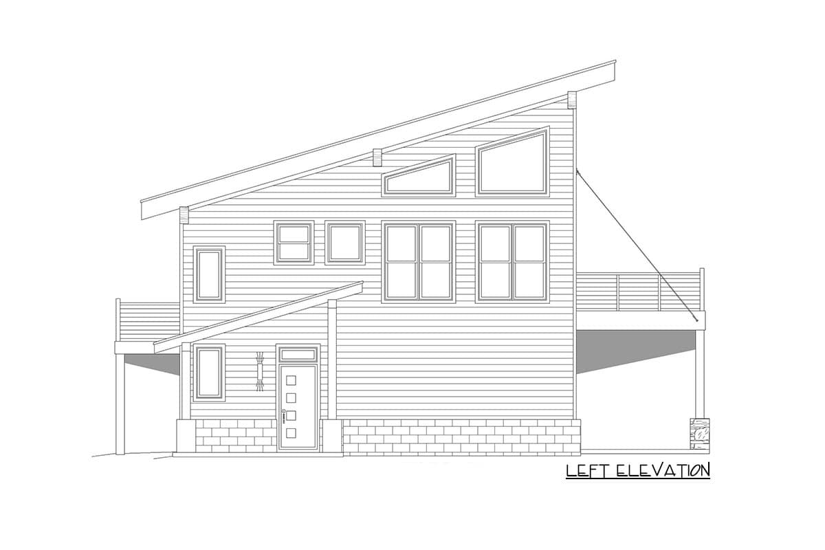Left elevation house plan showing a two-story modern home with a sloped roof, multiple windows, and a covered deck.