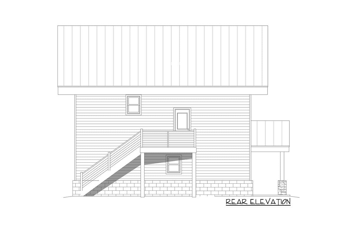 Rear elevation drawing of a house plan featuring a metal roof, horizontal siding, a deck with stairs, and stone-clad porch supports.