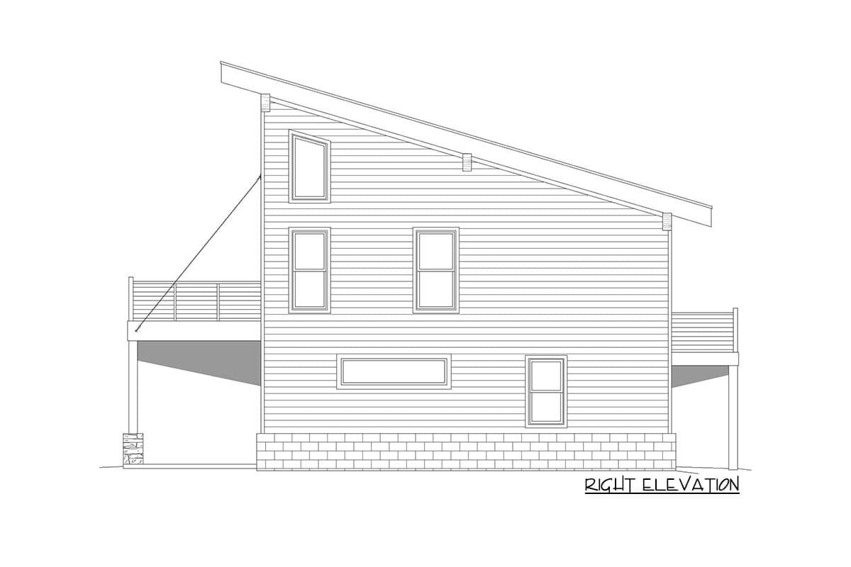 Right elevation house plan with shed roof, deck, and horizontal siding over brick foundation.