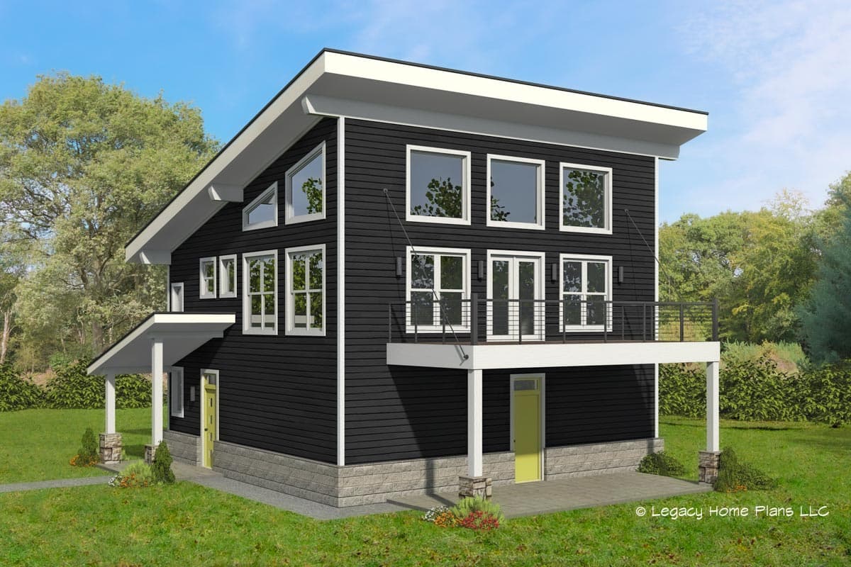 House plan exterior. Two-story modern style with shed roof, covered porch, and second-floor balcony. Features large windows and horizontal siding.