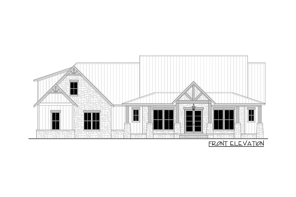 Front elevation house plan featuring stone and board-and-batten siding, metal roof, gabled dormers, and covered porch with stone columns.