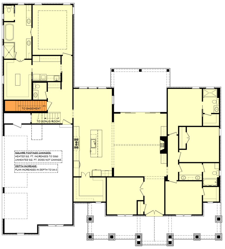 Plan 51909HZ: 4-Bed Hill Country Farmhouse with 8'-deep Front Porch, Home Office and Bonus Expansion - Floor Plan - Basement Stairs Location - Country, Farmhouse, Hill Country, New American, Ranch, Rustic