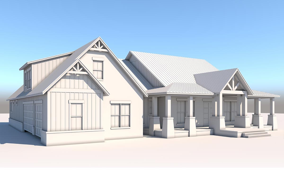 House plan exterior: Two-story Modern Farmhouse with a prominent gable, metal roof, and a covered front porch with square columns.