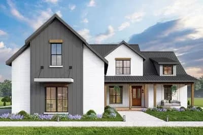 New American Farmhouse Plan with Vaulted Open Floor Plan and a Quiet Home Office