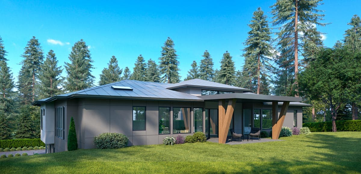 Modern one-story house plan exterior with flat roof, large windows, and covered patio with timber supports.