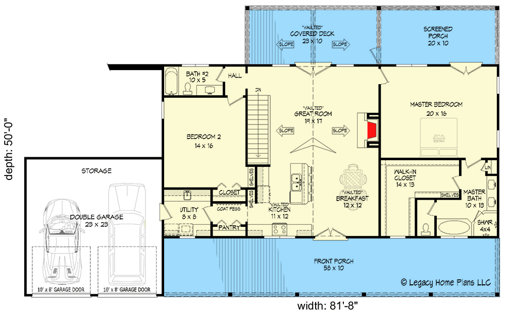 Plan 68971VR: Sloping Lot Lake Home Plan with 2-car Attached a 2-car Drive-under Garages - Floor Plan - Main Level - Country, Mountain, Ranch