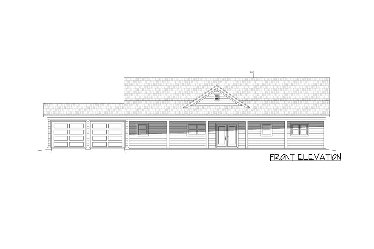 Front elevation drawing of a ranch house plan with a three-car garage, covered porch, and central gable.