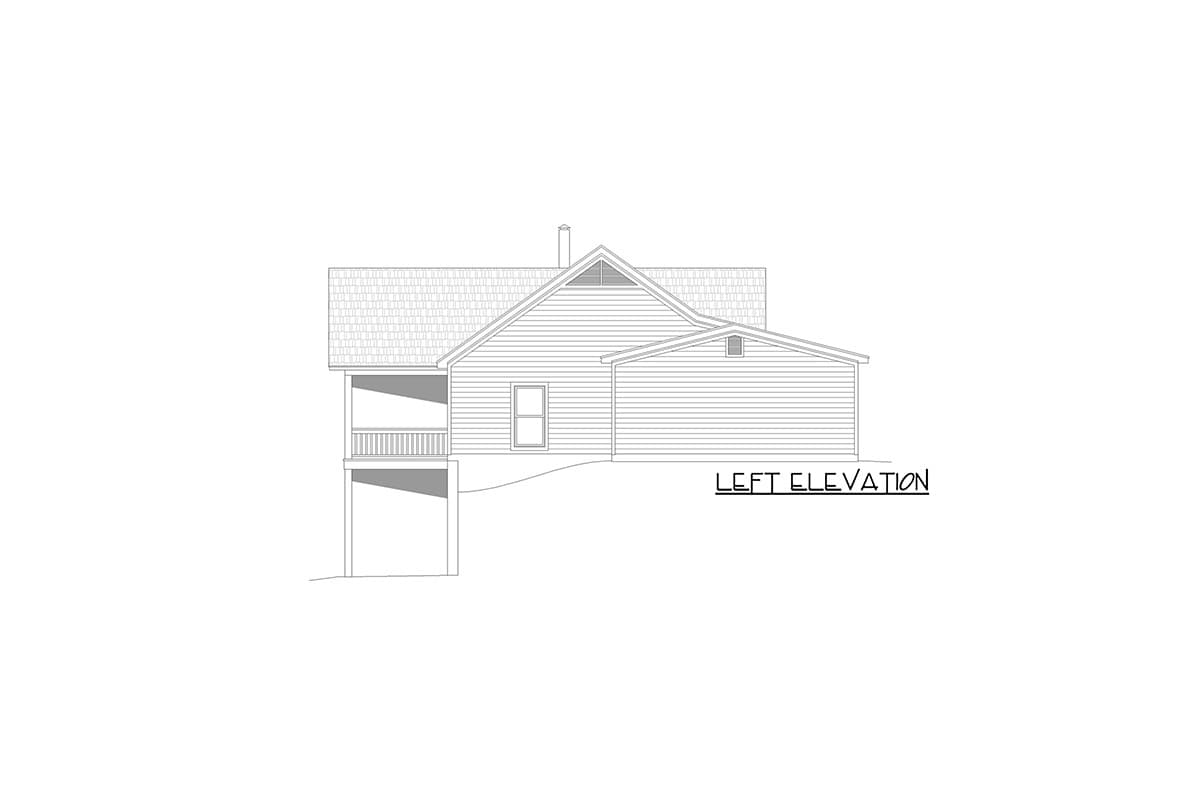 Left elevation house plan, one-story structure with a covered porch, gabled roof, and pitched roof dormer.