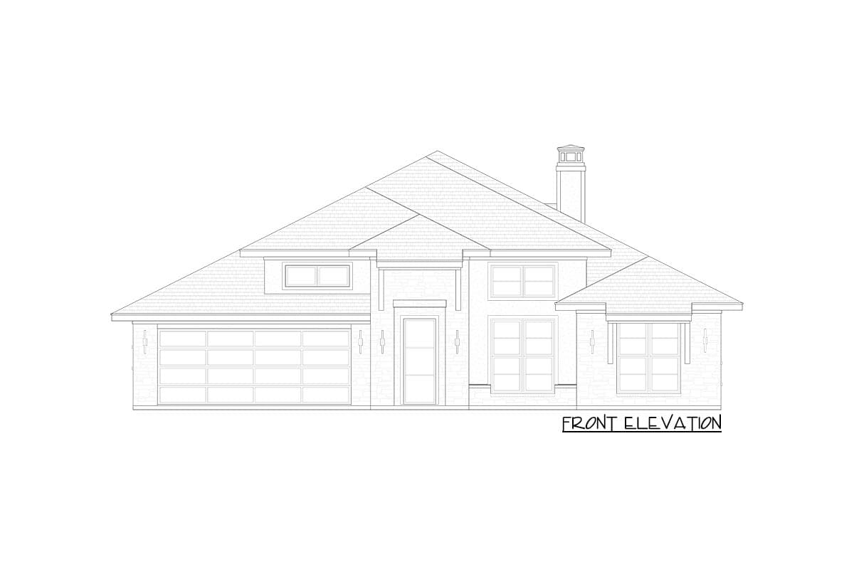 Front elevation house plan drawing with a two-car garage, multiple gables, and a prominent central entrance.