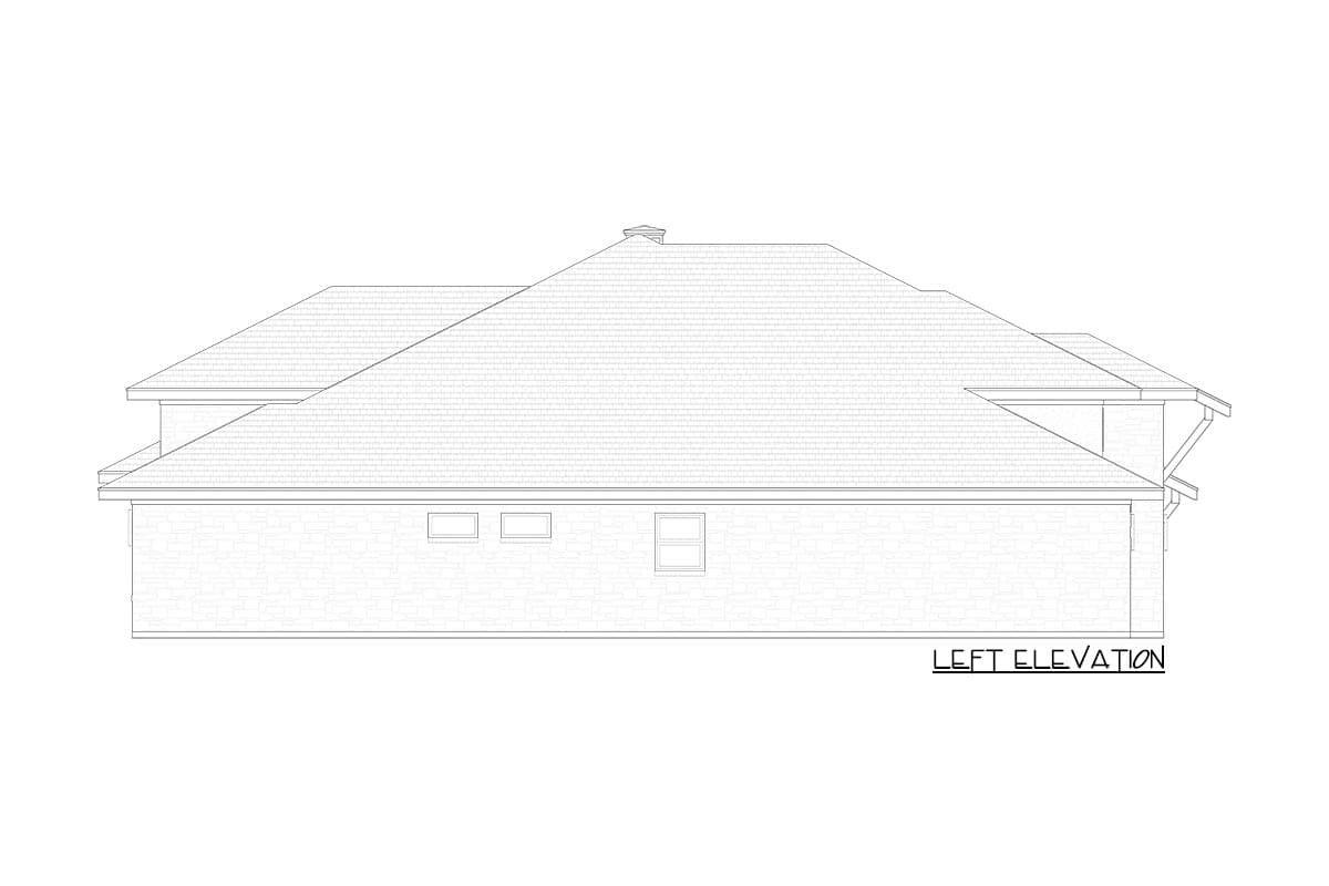 House plan left elevation drawing showing a pitched roof, multiple gables, and stone exterior.