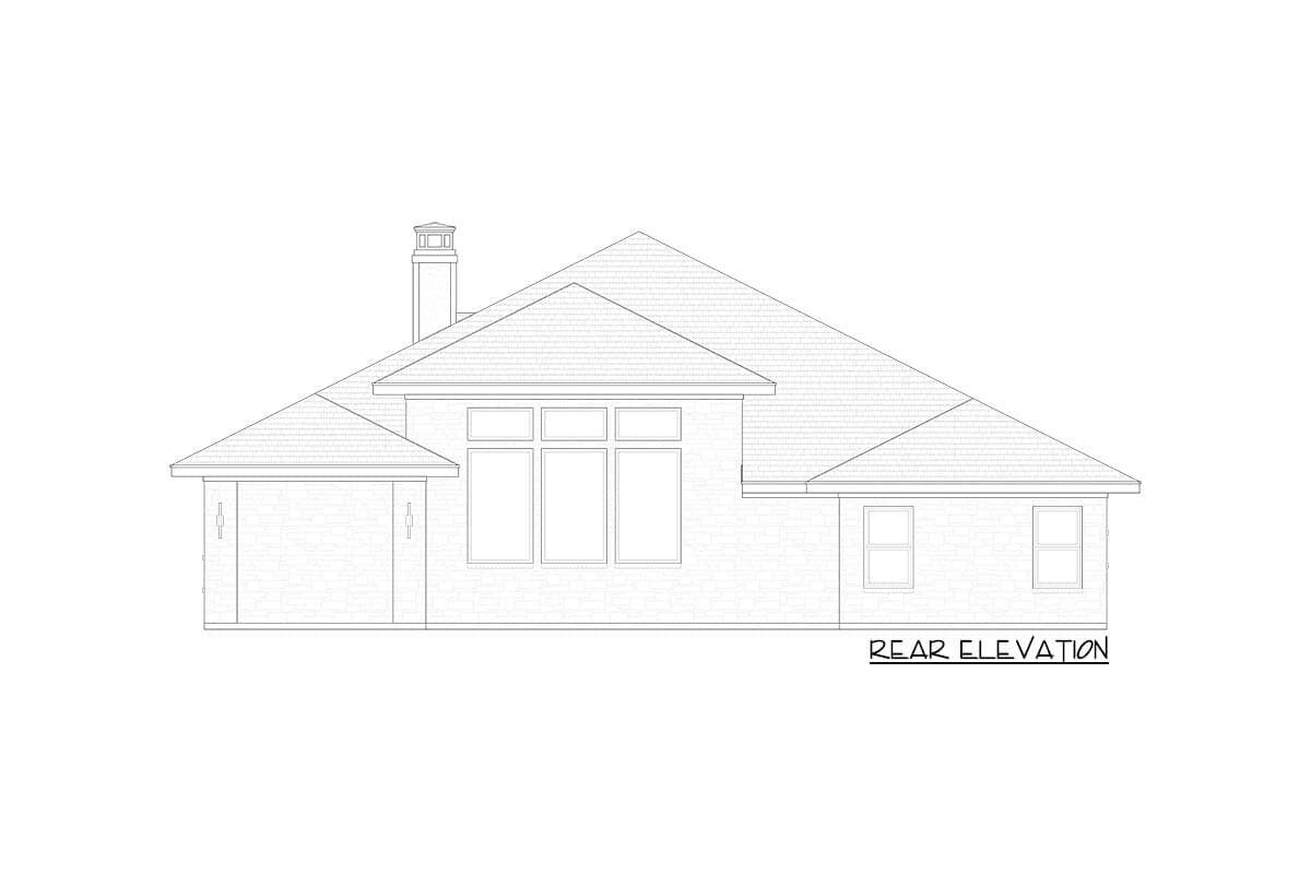 Rear elevation of house plan shows a garage, prominent chimney, and multiple windows.