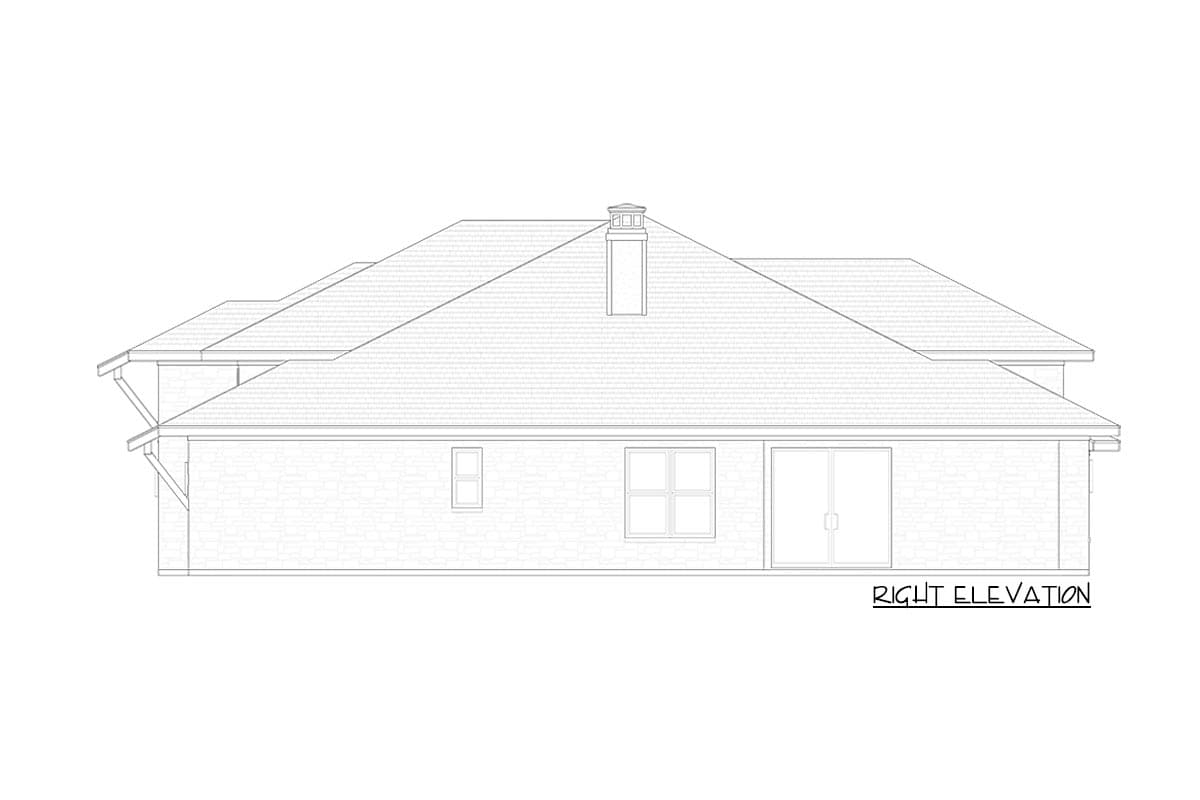 Right elevation of a house plan showing a hip roof, chimney, windows, and double doors.