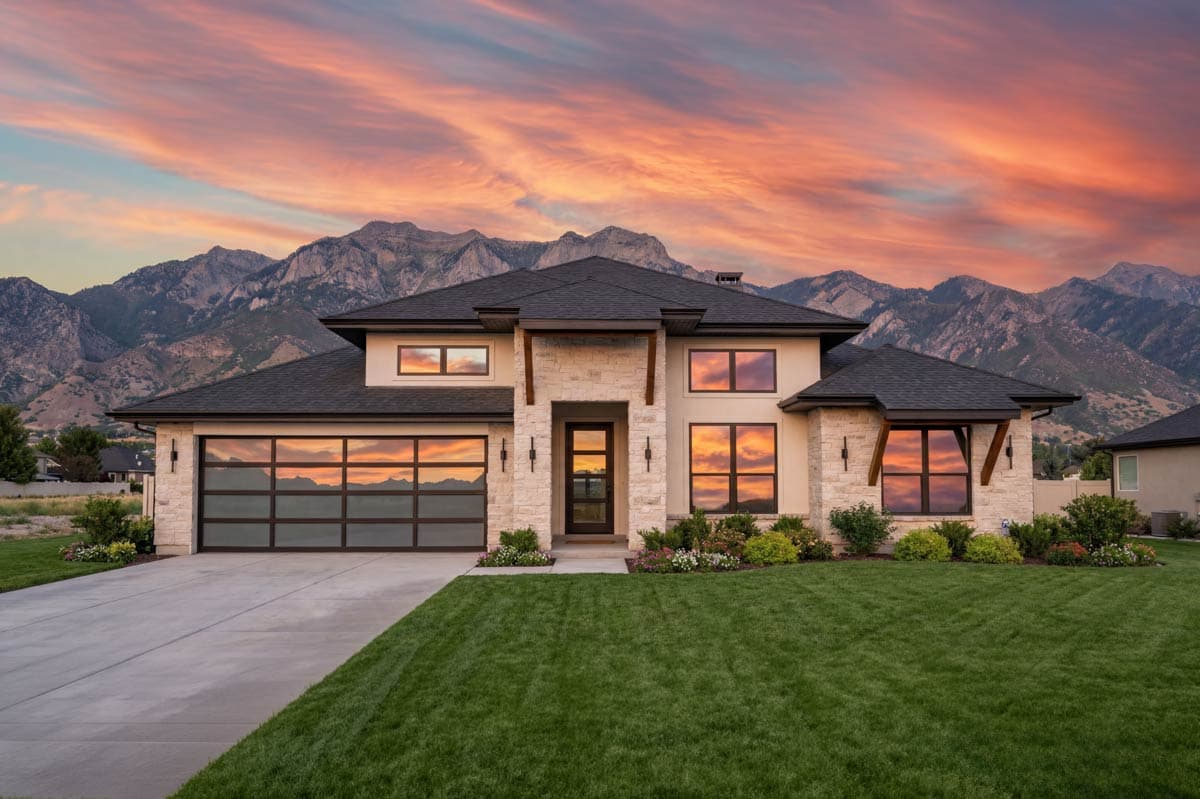 Modern house plan exterior: two-story, stone accents, multiple gables, and a frosted glass garage door.