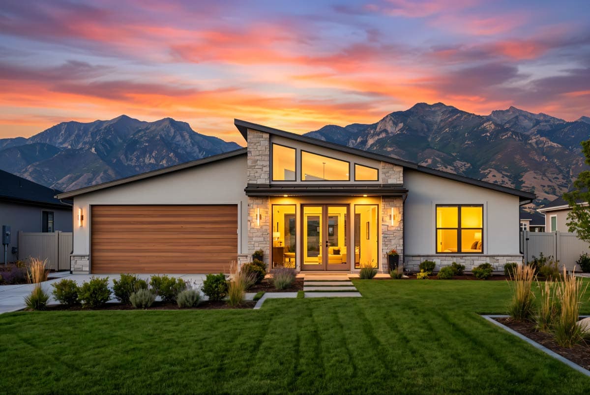 Modern house plan exterior with asymmetrical roofline, stone accents, large windows, double glass doors, and wood garage door.