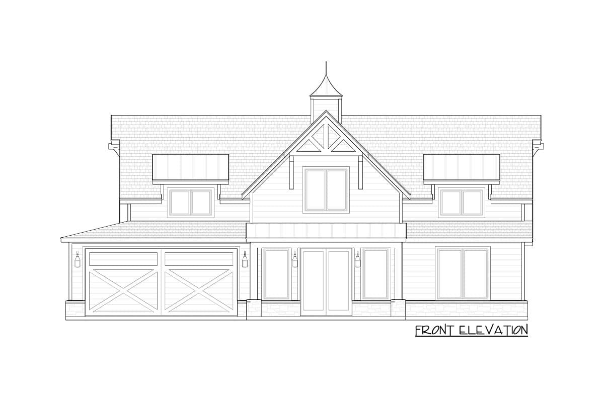 Front elevation house plan featuring a gabled roof, cupola, dormers, double garage door, and a central entrance porch.