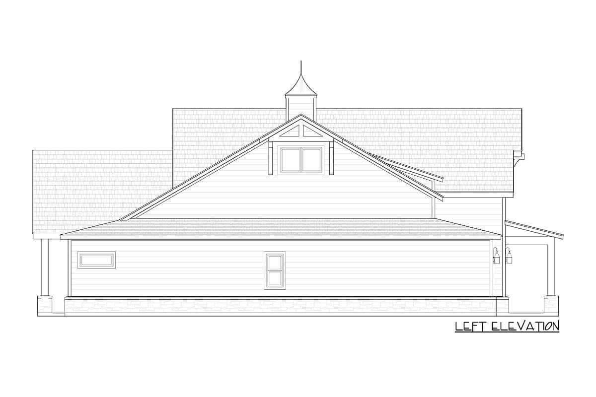 House plan left elevation showing a multi-story structure with gables, a dormer, and a cupola.