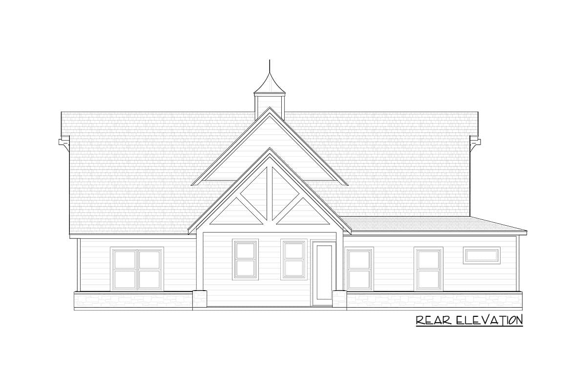 Rear elevation drawing of a house plan featuring a covered entry with exposed rafter tails, gable roof, and cupola.