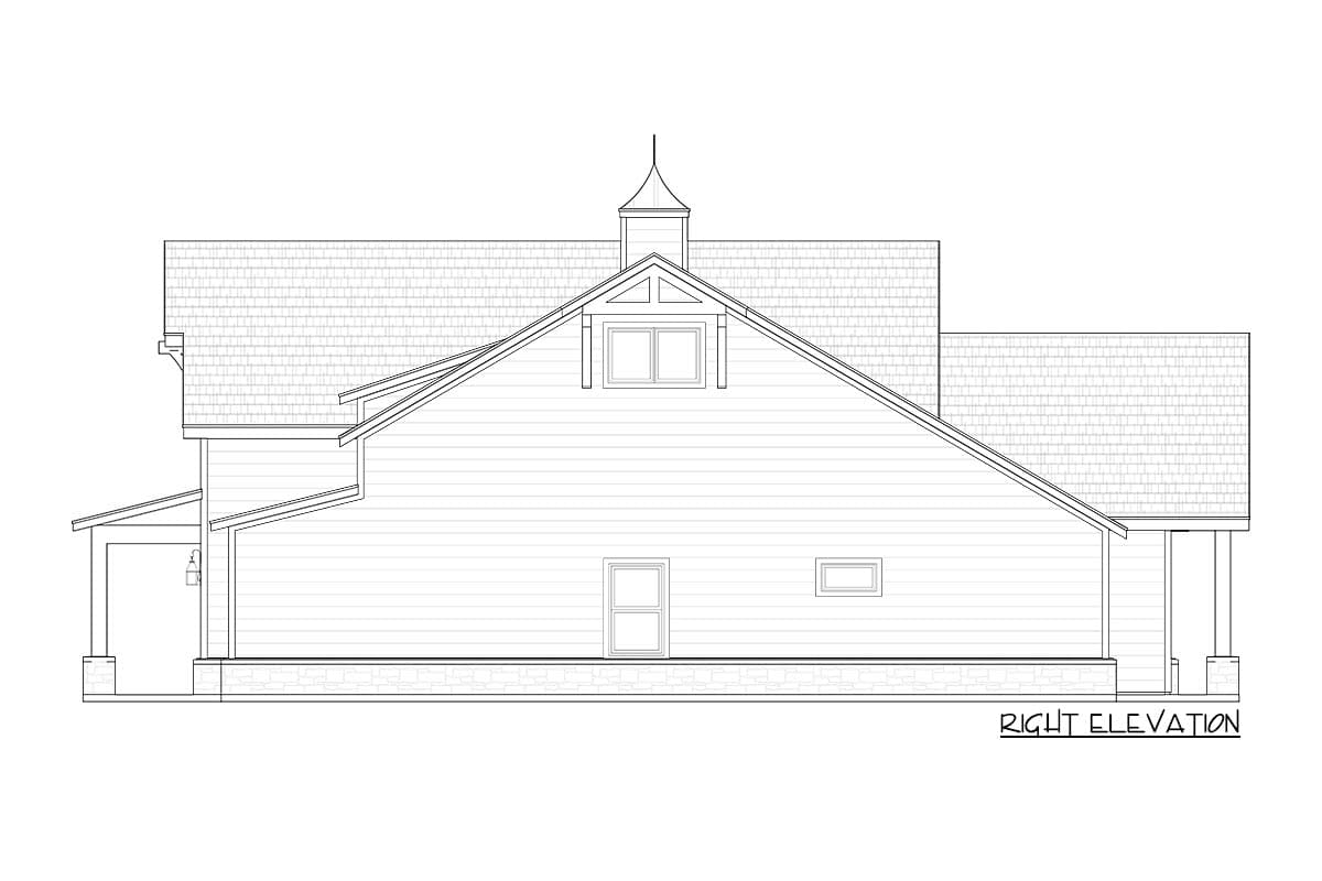 Right elevation house plan: pitched rooflines, gabled dormer with cupola, covered porch, and stacked windows.