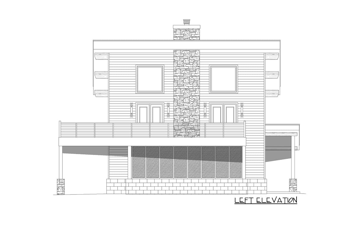 Left elevation of a two-story house plan featuring a stone chimney, upper-level balconies, a deck, and a lower-level sunroom.