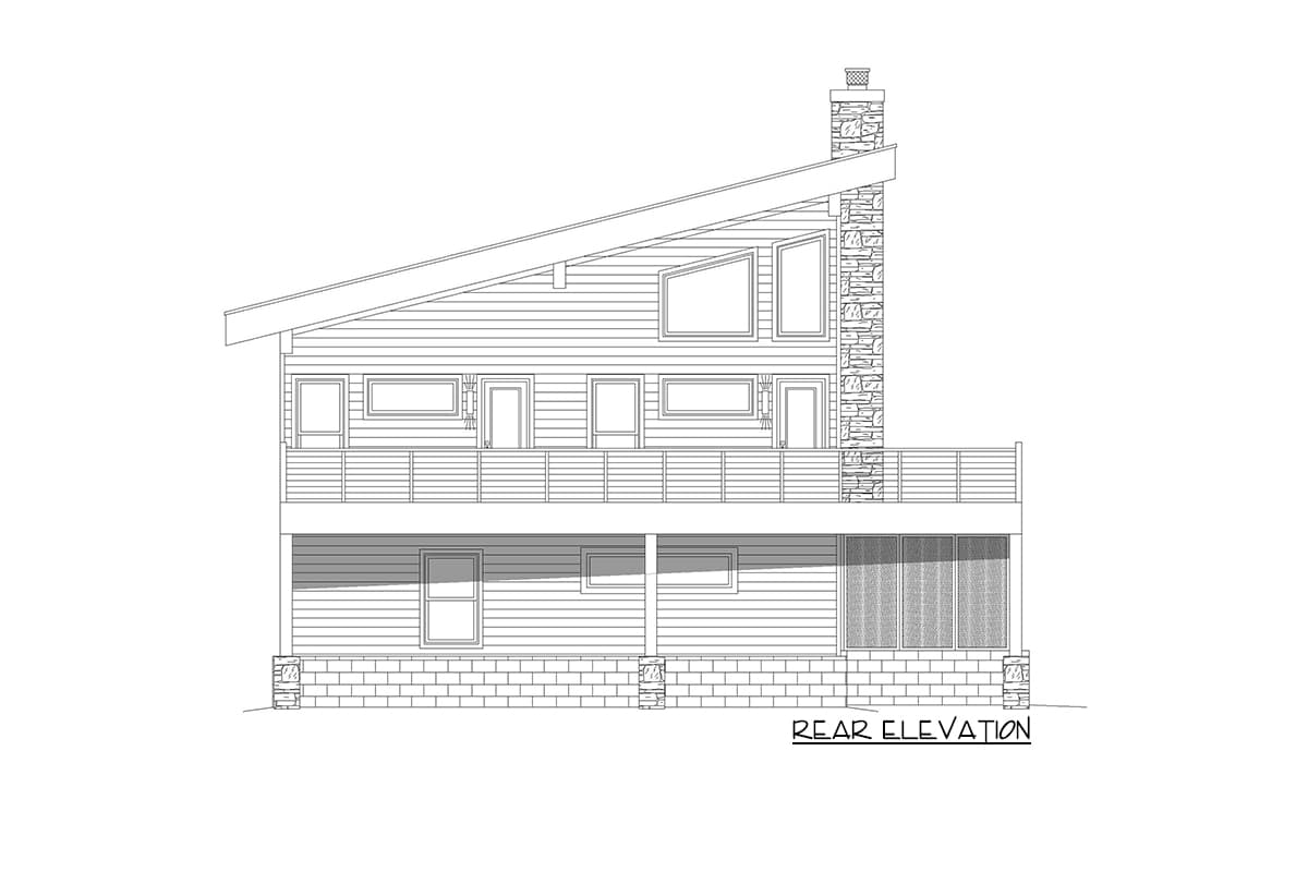 Rear elevation house plan with two stories, sloped roof, stone chimney, horizontal siding, and decks.