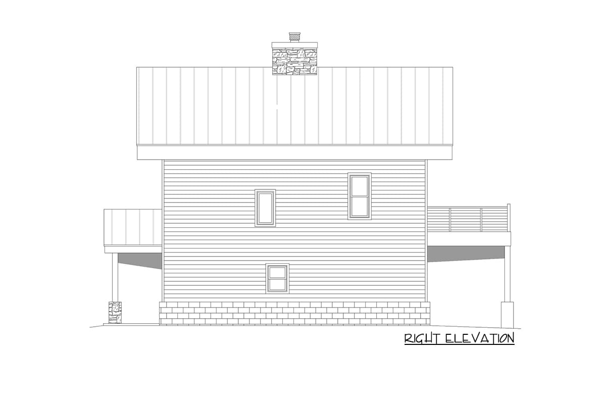 House plan right elevation drawing showing siding, three windows, metal roof, chimney, and decks on the left and right.