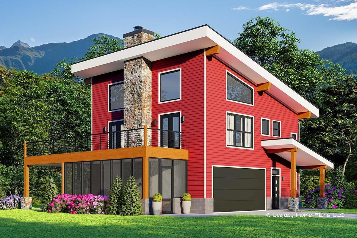 House plan exterior. Two-story modern style with a stone chimney, shed roof, large windows, and a covered porch. Attached garage.