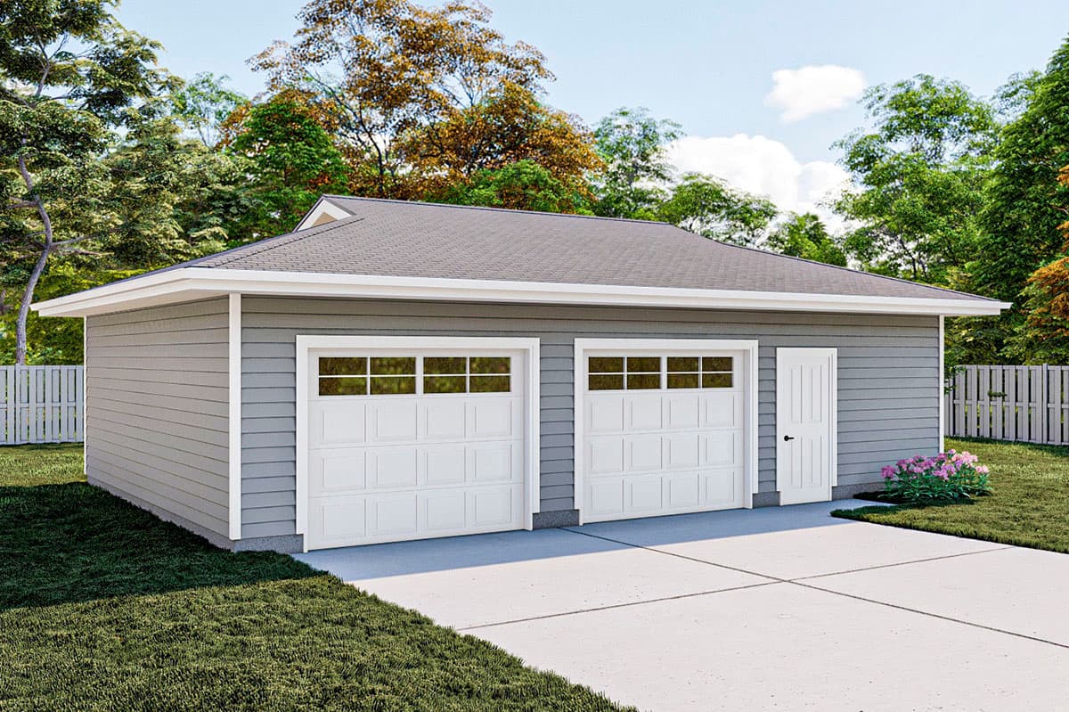 House plan exterior with two-car garage, gray siding, and a single entry door. Features include a gable roof and paneled garage doors.