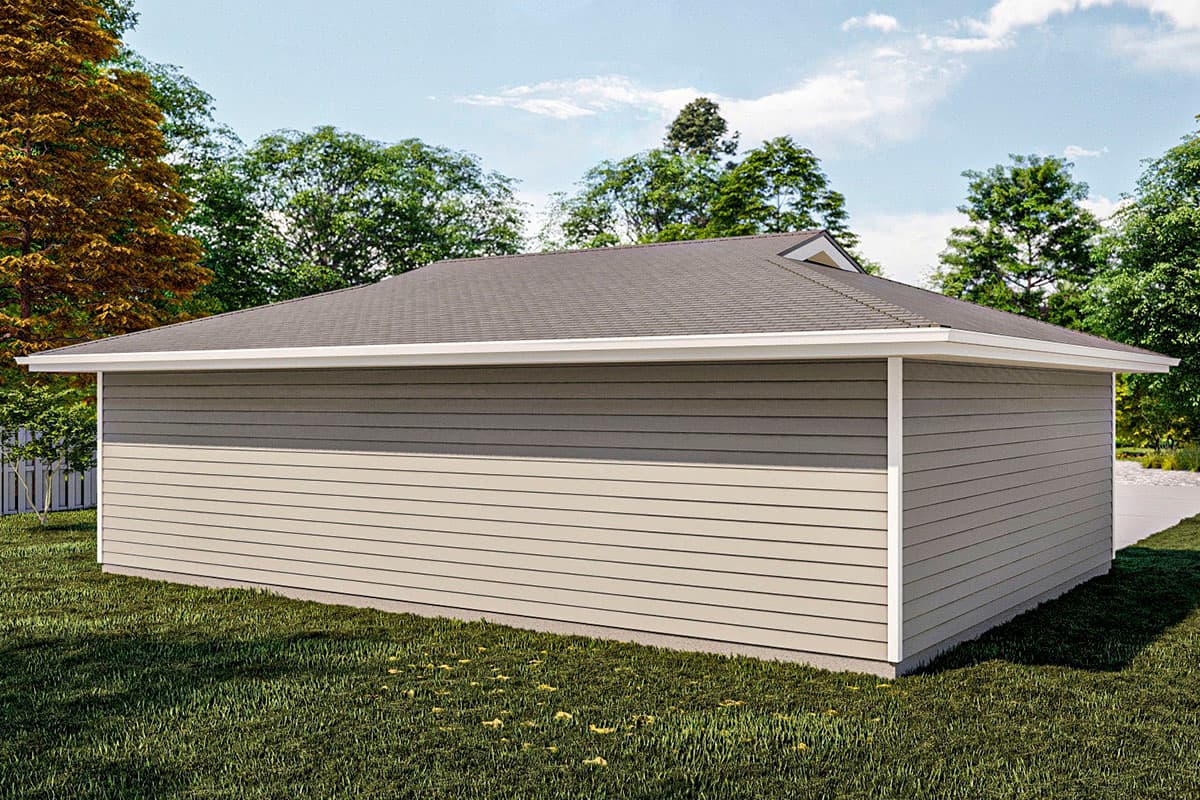 House plan exterior: One-story, simple gable roofline, horizontal siding, and white trim. Garage orientation not visible.