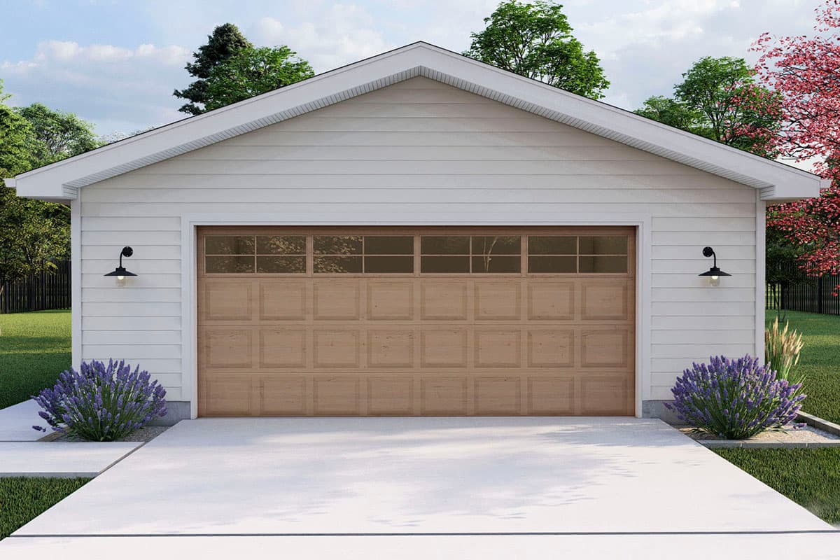 House plan exterior: Single-story, white clapboard siding, gable roof, one-car garage with wood door and transom windows.