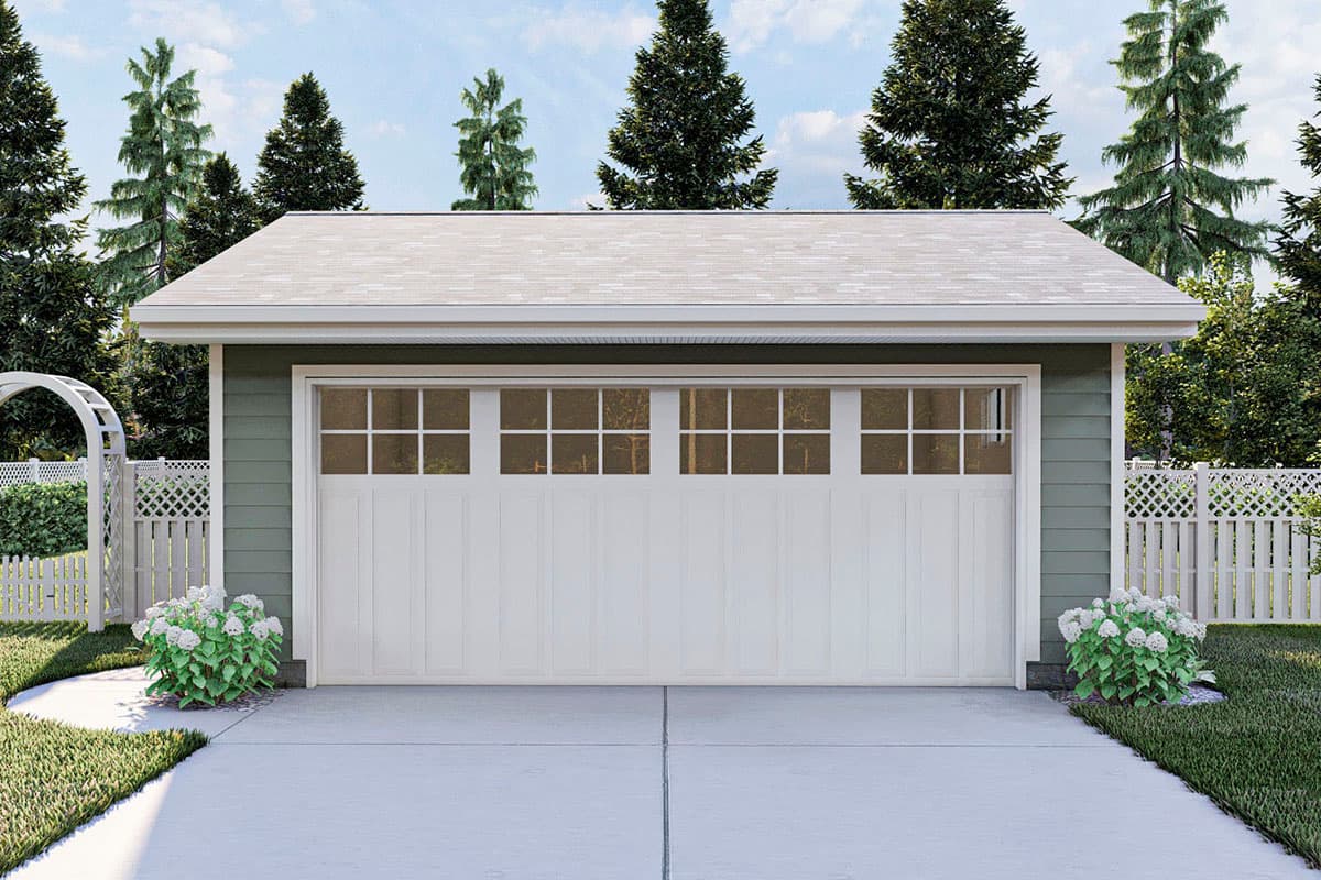 House plan exterior: Garage with white paneled door, multiple windows above, horizontal siding, and asphalt shingle roof.