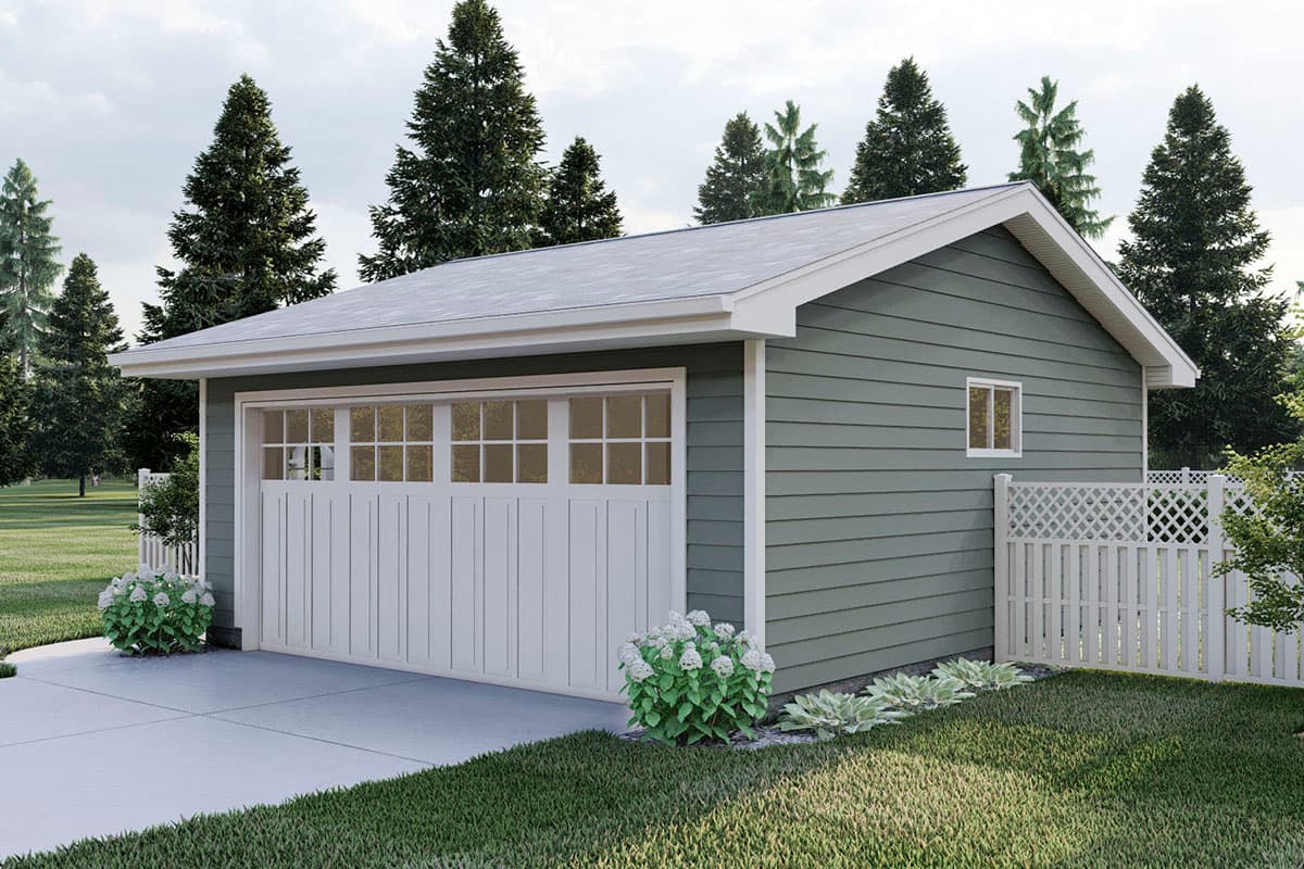 Garage plan exterior with white paneled door featuring upper windows, green siding, and a gabled roof.