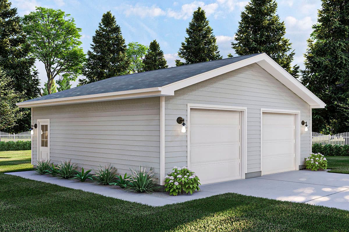 House plan exterior. Two-car garage with gabled roof, horizontal siding, and two garage doors. Features a side entry door and exterior lighting.