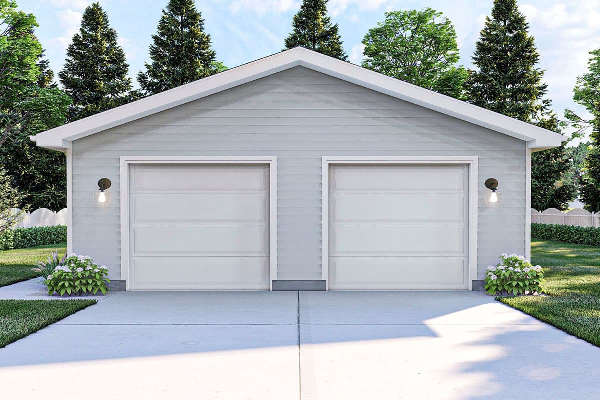 House plan exterior: Two-car garage with horizontal siding, gable roof, and two paneled garage doors.