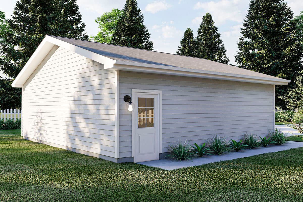 House plan exterior: A single-story structure with horizontal siding, a gable roof, and a central front door with a glass pane.