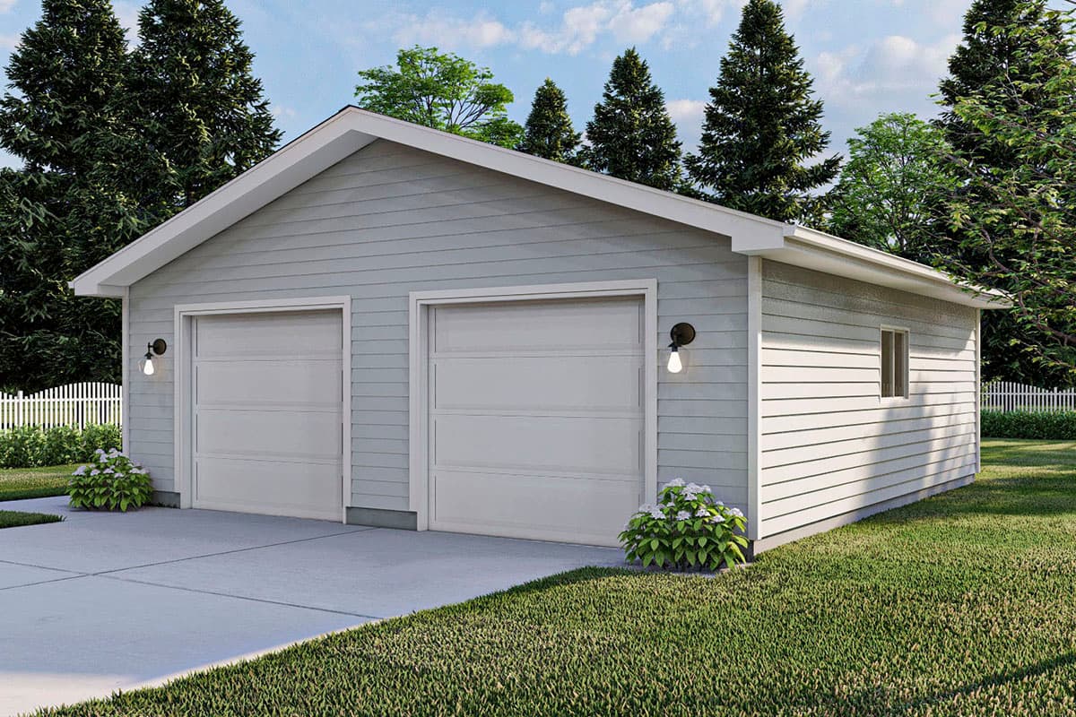House plan exterior for a one-story garage with two doors, gable roof, and horizontal siding.
