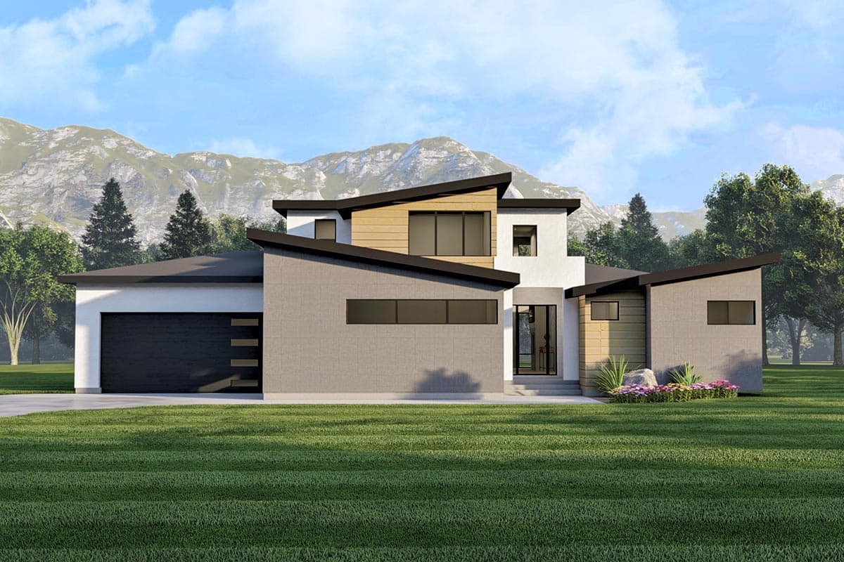 House plan exterior. Modern style with a two-story section. Features include a flat roof, asymmetrical design, and an attached garage.
