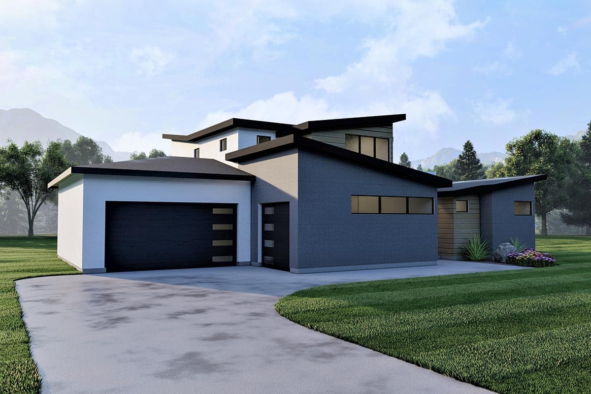 Modern house plan exterior featuring angled rooflines, a two-car garage, and multiple entrances.