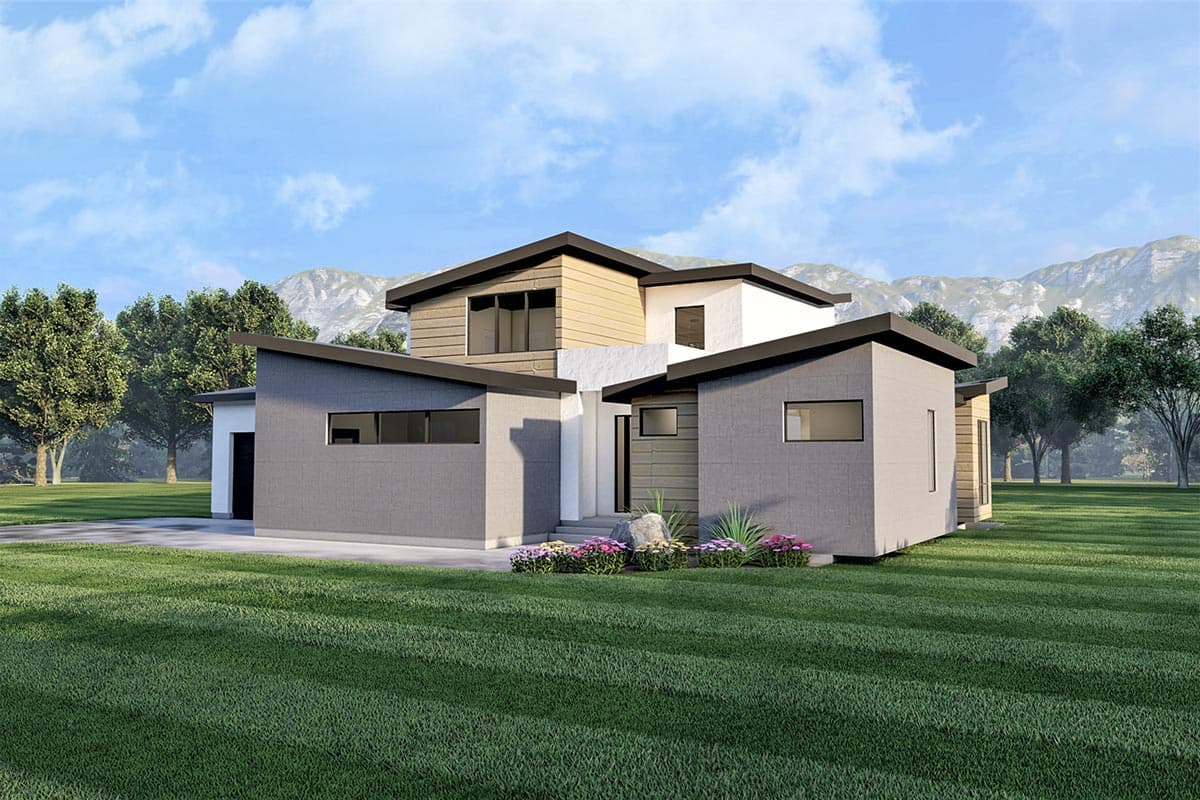 Modern house plan exterior with multiple gables, horizontal siding, and asymmetrical rooflines.