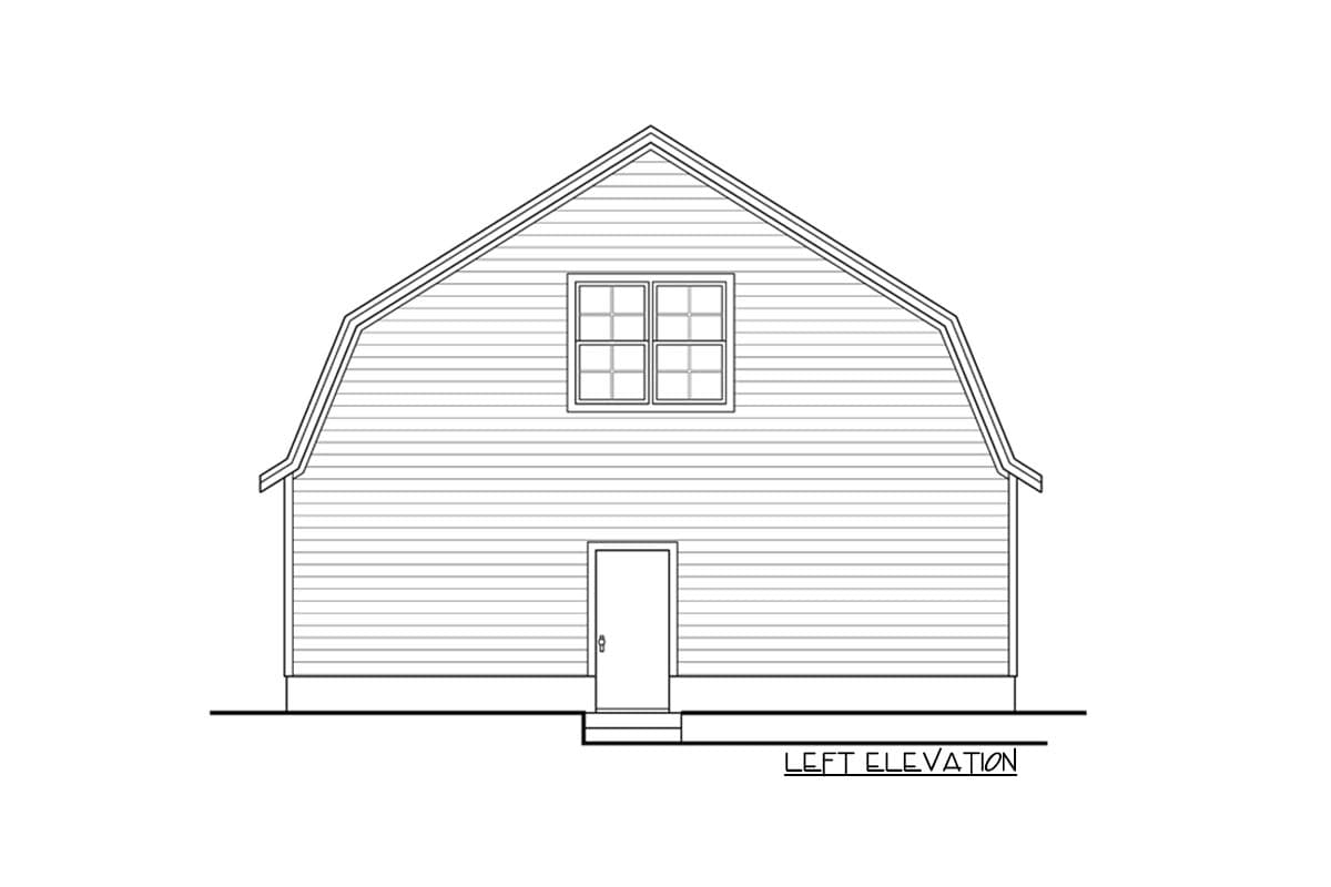 Left elevation drawing of a house plan featuring a gambrel roofline, one door, and a small dormer window.